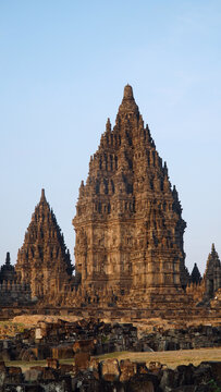 One of the temples in the Prambanan temple complex in the morning. Hindu temple in Java, Indonesia