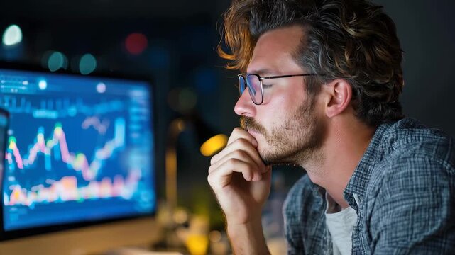 Focused man analyzing complex data on screen in a dimly lit office at night, reflecting deep concentration and attention to detail
