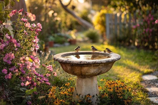 Tranquil flower-filled yard featuring a ceramic bird bath and fluttering birds