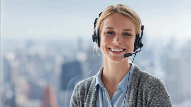 Call center representative assisting customers with a friendly smile in a modern office overlooking the city skyline during the day