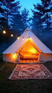 Cozy glamping tent illuminated at dusk with warm light, surrounded by trees and fog, featuring a decorative rug at the entrance and string lights overhead