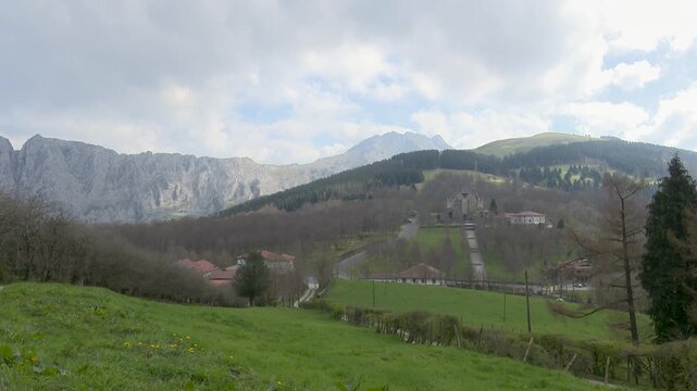 Rocky mountain landscape of Mount Anboto seen from Urkiola Natural Park in the Basque Country. Dramatic cliffs and rugged terrain associated with Basque mythology and natural heritage.