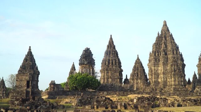 Prambanan temple complex in the morning. Hindu temple in Java, Indonesia