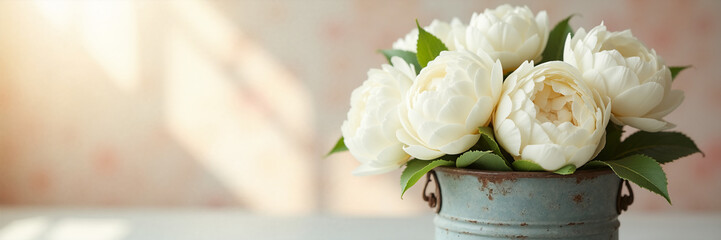 Obraz premium White peonies in a vintage blue metal bucket. Rustic floral arrangement with natural sunlight. Shabby chic home decor still life