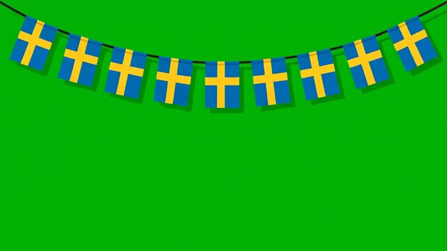 Swedish flag bunting garland against a vibrant green screen background.