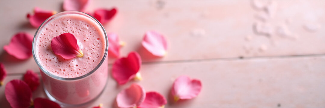 Pink rose petal lassi in a glass on a wooden surface. Refreshing yogurt drink with scattered flower petals. Healthy floral smoothie banner with copy space