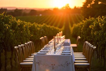 Naklejka premium A long table is set for a meal in front of a vineyard at sunset.
