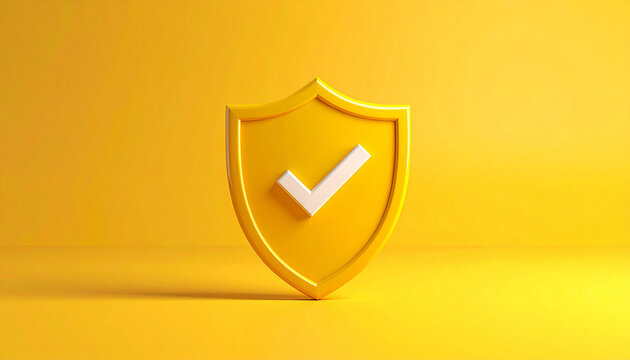 Shield icon with checkmark on bright yellow background, insurance trust concept, safety assurance design, minimal composition.