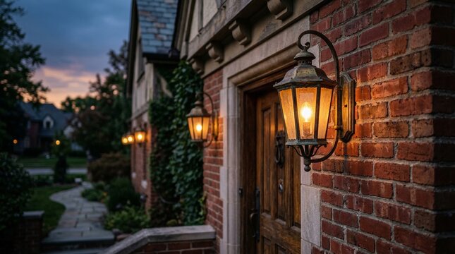 Warm outdoor lanterns illuminate brick house entrance and pathway at dusk