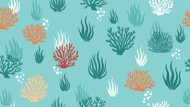 Seamless underwater pattern with various colorful coral and seaweed plants on a light blue background for fabric or wallpaper design.