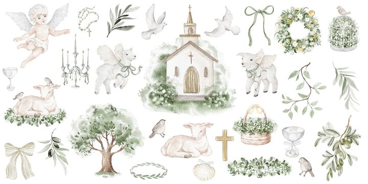 Church clipart watercolor hand painted set with cross, angel, lamb and chalice. Christian collection with wreath, olive branch and pigeon. Design for Easter, baptism invitation and church events.