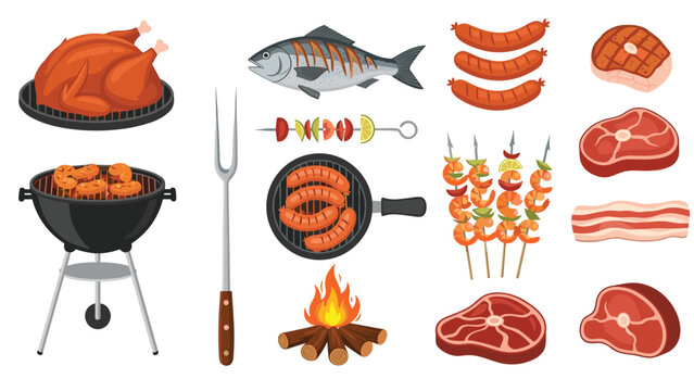 Large set of barbecue and grilling items including roasted meat, fish, sausages, a grill, and a campfire on a white background.