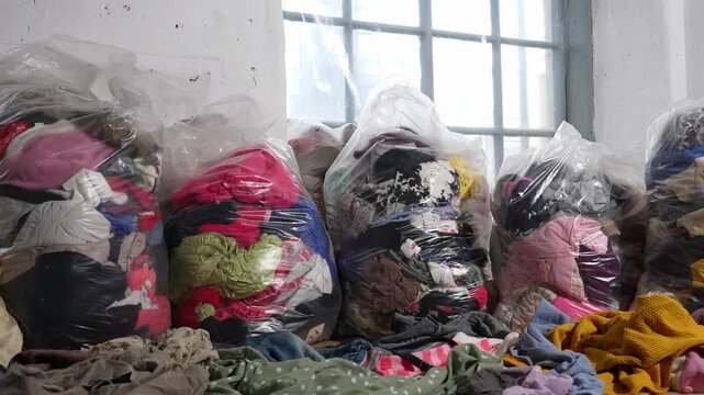 Textile waste in plastic bags environmental issue. Fast fashion problems