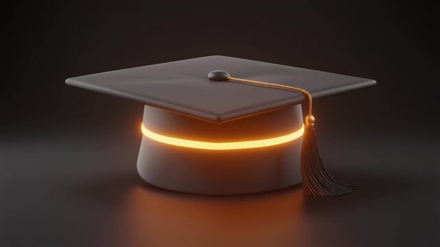 Close-up of a graduation cap with an illuminated orange band around the base on a dark background.