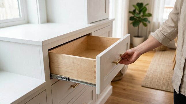 Hand opening a clean, empty wooden drawer in a white kitchen cabinet, home interior