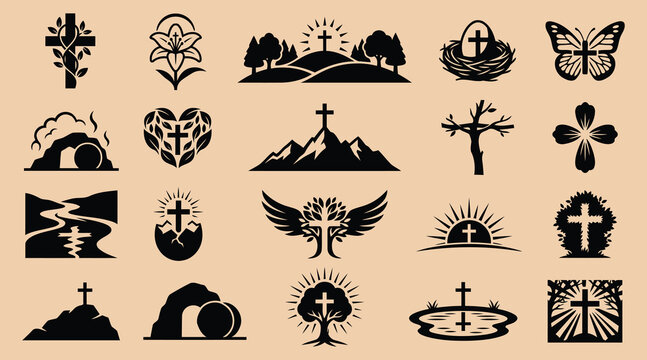 Easter religious symbols and icons set with crosses flowers trees mountains and butterflies in silhouette on beige background