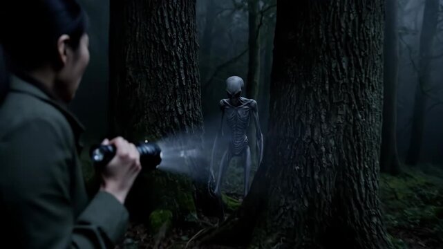 asian woman illuminating grey alien with flashlight in dark misty forest. extraterrestrial creature encounter. sci-fi horror and mystery concept. cinematic movie scene.