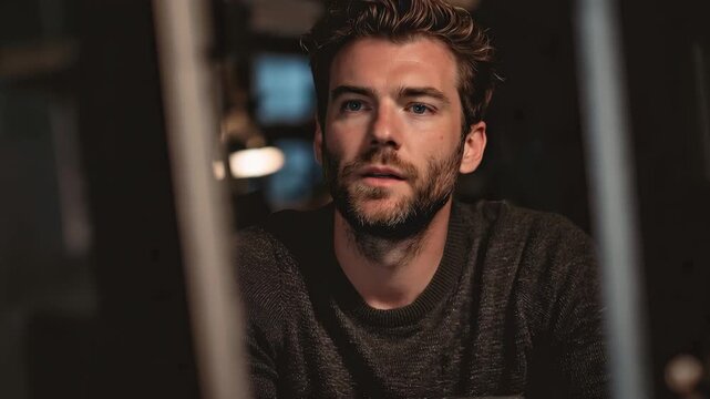 Focused man sitting at desk in deep thought while holding a credit card in a dimly lit room during evening hours