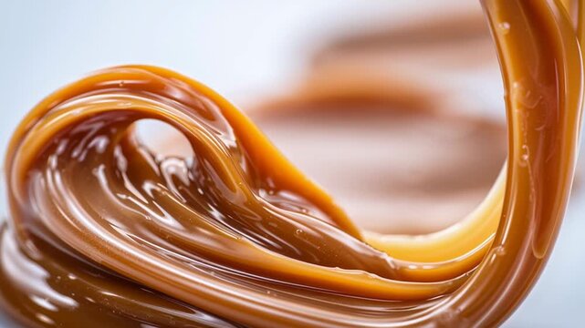 Golden liquid caramel pouring in slow motion. Sweet viscous toffee dessert sauce swirling, creating a beautiful and tasty abstract macro shot