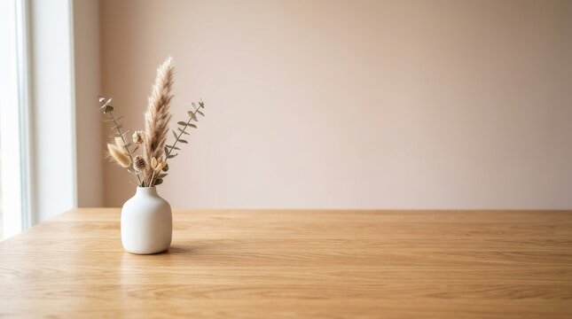 Desain pedalaman ruang rumah yang kosong dengan meja kayu dan dekorasi vas bunga musim semi serta telur Paskah berlatar dinding hijau yang artistik