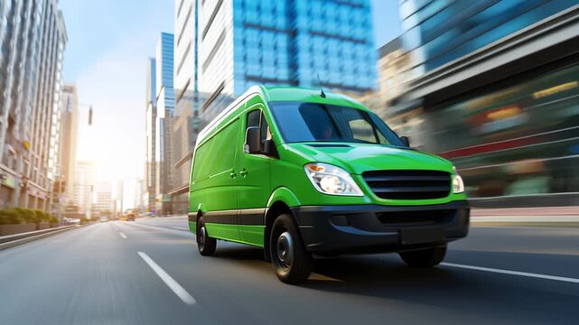 Generic green commercial van speeding through a modern city's financial district. Fast delivery, transport, and shipping concept