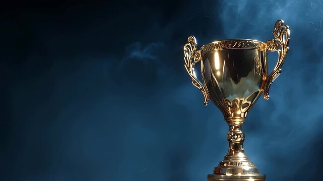 A shiny gold trophy cup on a dark blue background with smoke effects, showcasing a winner's award in a dramatic .