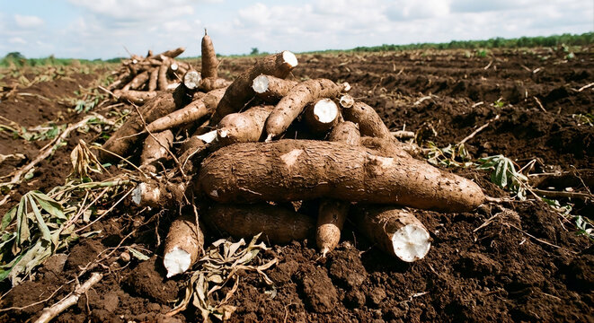 Fresh large cassava after harvesting in the background of agricultural land