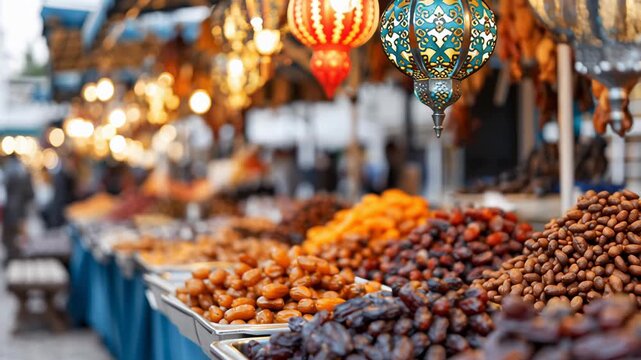 Colorful variety of dried fruits, dates, and nuts for sale at a traditional arabian market stall. Festive moroccan lanterns illuminating the souk