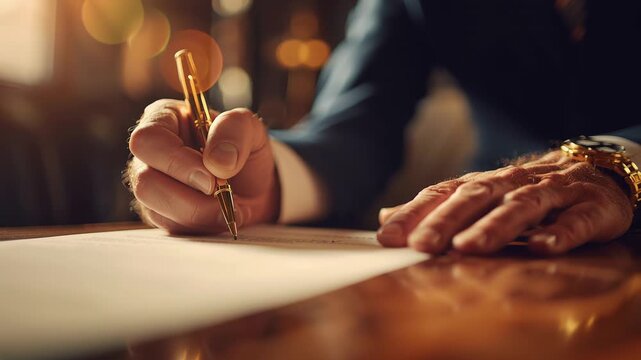 Closeup of a senior executive's hands writing with a luxury golden pen. The well dressed man is signing an important document or deal
