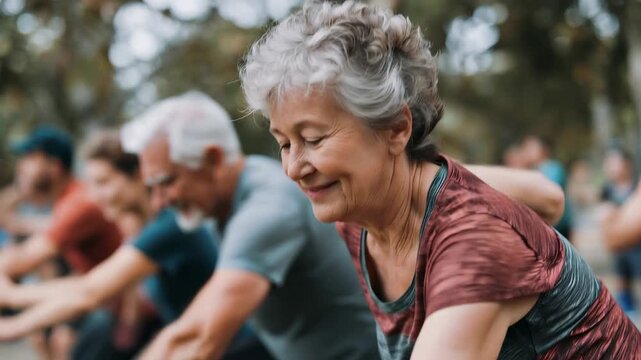 Seniors engaged in outdoor exercise with a trainer during a sunny day in the park, promoting health and wellness through group activities and motivation