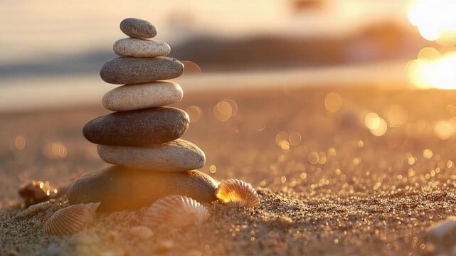 A serene stack of stones on a peaceful beach at sunset in a natural landscape