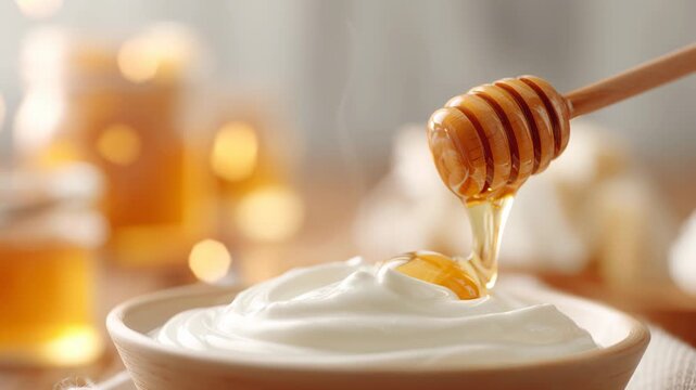 Delicious golden honey slowly pouring from a special wooden spoon onto a bowl of fresh, creamy greek yogurt. A healthy and sweet breakfast