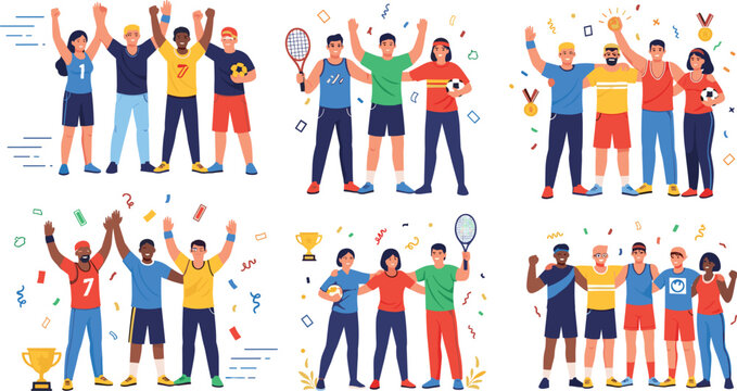 Sports team celebration vector set with athletes cheering, winning trophy, tennis players and happy fans victory moments cartoon illustration