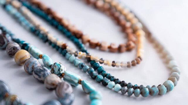 Assorted handcrafted necklaces showcasing vibrant natural stone beads. Explore a detailed close up perspective that highlights the intricate patterns and hues of each piece