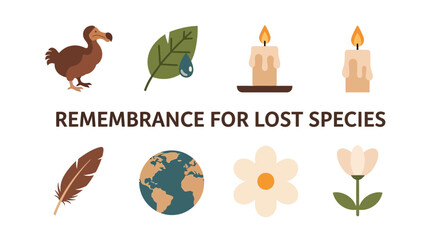 Illustration with Dodo leaf candles feather globe and flowers for species remembrance © Agung