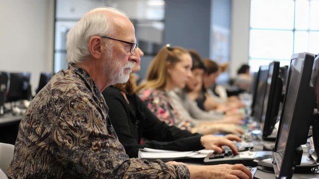 Focused adults engaged in computer work in a well-lit classroom environment during a training session