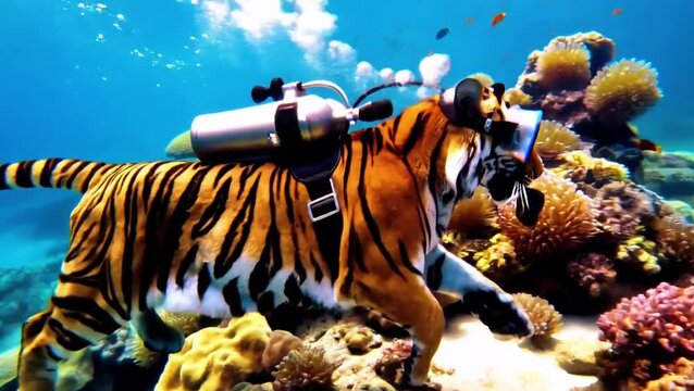 Sun-Drenched Wide Shot of Bengal Tiger Swimming Underwater with Custom Scuba Mask and Rising Air Bubbles in 8k