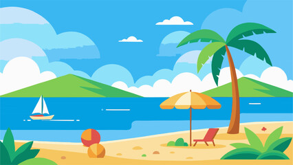 Obraz premium Tropical beach landscape with lush palm trees and sunny blue sky vector. Summer vacation background with sand and clear ocean.