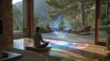 Fototapeta premium Meditator facing holographic energy portal outdoors with mountain view, spiritual guide practicing grounding breath on terrace, panoramic pine landscape, soft sunlight and shimmering blue particles,