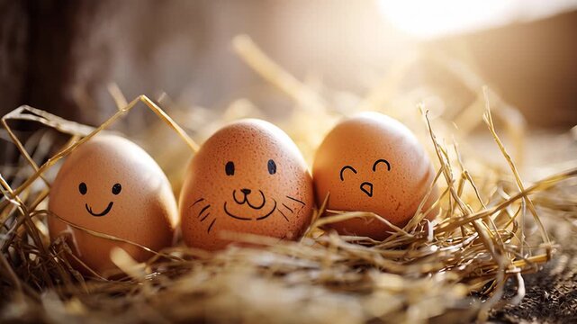 Three brown eggs with cute faces hand drawn on them. The eggs are together in a straw nest, basking in the warm morning sunlight