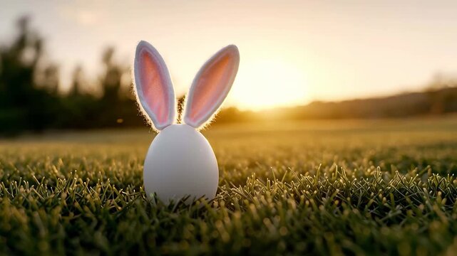 White Easter egg decorated with funny rabbit ears resting on a green meadow. Warm sunshine and beautiful golden light in the background