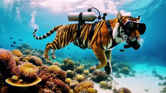 Atmospheric 8k Footage of Tiger in Full-Face Scuba Mask Gliding Past Swaying Anemones with Golden Hour Underwater Lighting