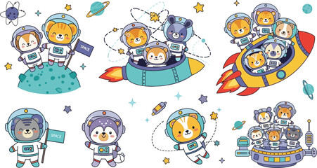 Cute animal astronauts vector set with dogs and bears in space suits, rockets, planets and galaxy cartoon illustration collection © Yevhenii creative