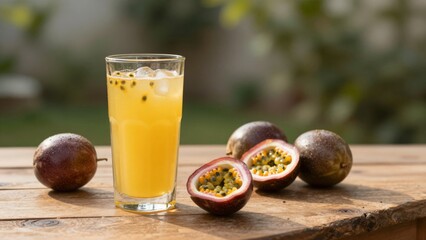 Fototapeta premium Refreshing Passion Fruit Juice in a Glass with Ice Cubes and Whole Halved Fruits on a Rustic Wooden Table Wellness and Tropical Harmony for a Healthy Lifestyle and Natural Balance.