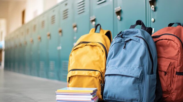 School backpacks and a stack of books standing on the floor of an empty school corridor next to a row of metal lockers for students