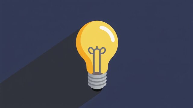 A bright yellow lightbulb with a silver base and dark blue filament stands out against a dark blue background with a long shadow cast to the left.