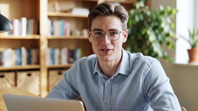 smiling caucasian man with glasses sitting at desk with laptop. home office or library background with books and plant. remote work, education, student life, blog post.