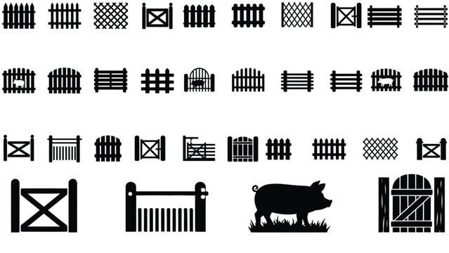 Farm Fence Styles and Livestock Silhouette Icon Set with Barn and Cow