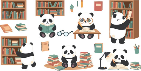 Cute panda reading books vector set with library scenes, studying characters, bookshelves and education learning cartoon illustration © Yevhenii creative