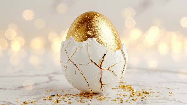Golden egg spinning inside a cracked white shell decorated with gold leaf, resembling the Japanese kintsugi art. A festive holiday decoration